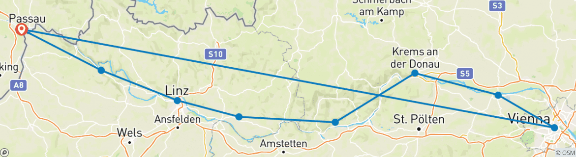 Image of a map showing the route of the tour