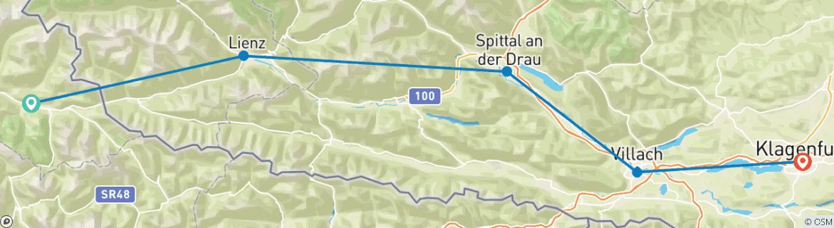 Image of a map showing the route of the tour
