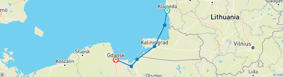Image of a map showing the route of the tour