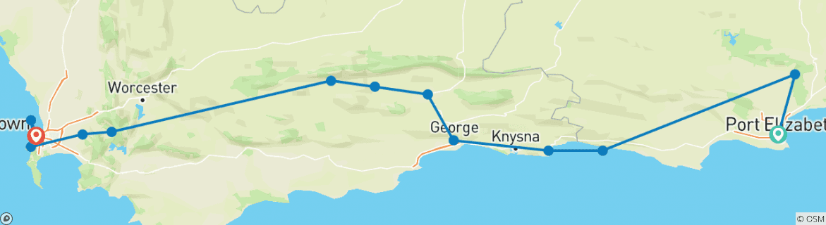 Image of a map showing the route of the tour