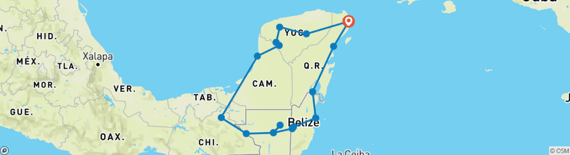 Image of a map showing the route of the tour