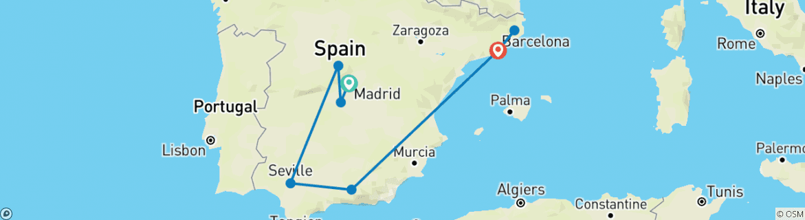 Image of a map showing the route of the tour