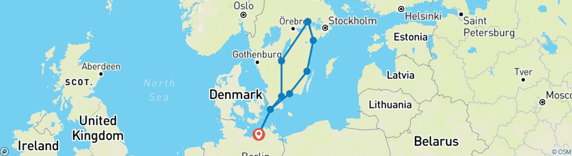 Image of a map showing the route of the tour