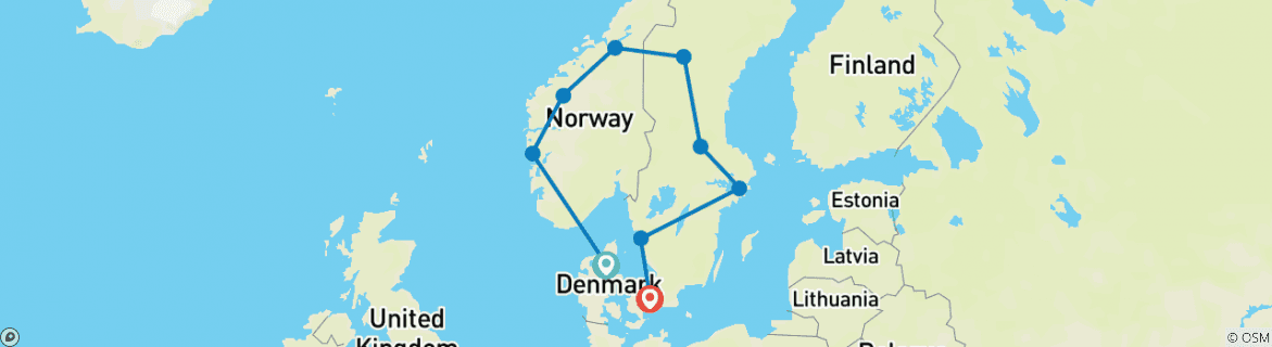 Image of a map showing the route of the tour