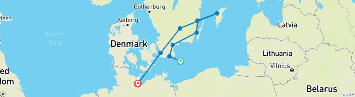 Image of a map showing the route of the tour
