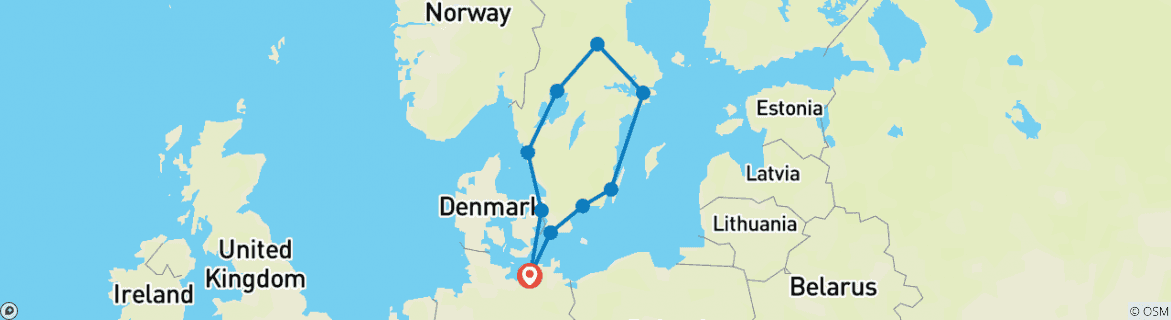 Image of a map showing the route of the tour