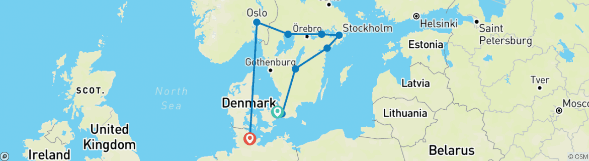 Image of a map showing the route of the tour