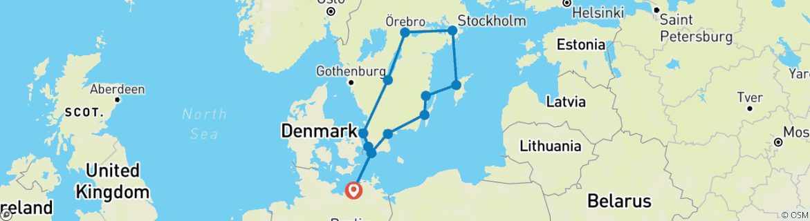 Image of a map showing the route of the tour