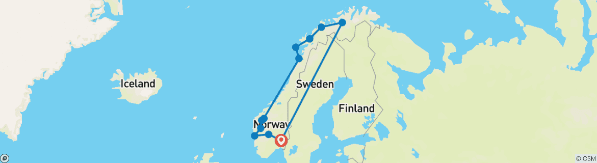 Image of a map showing the route of the tour