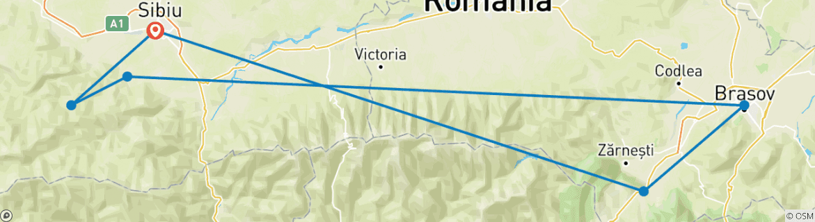 Image of a map showing the route of the tour