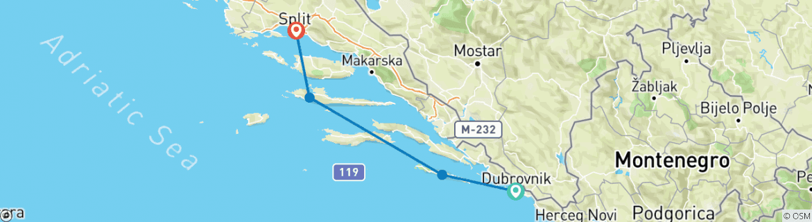 Image of a map showing the route of the tour