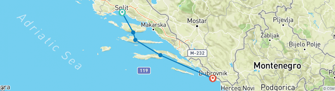 Image of a map showing the route of the tour