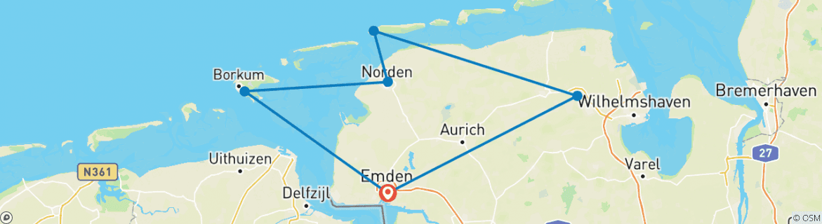 Image of a map showing the route of the tour