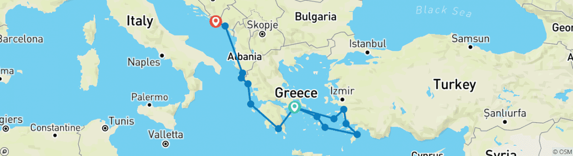 Image of a map showing the route of the tour