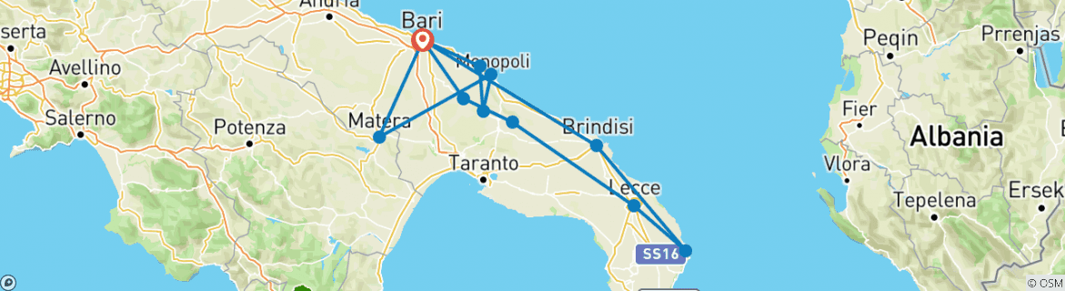 Image of a map showing the route of the tour