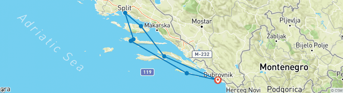 Image of a map showing the route of the tour