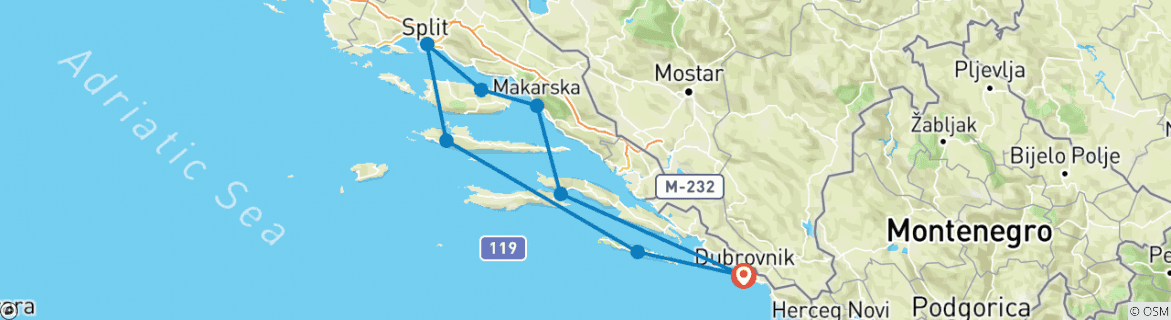 Image of a map showing the route of the tour