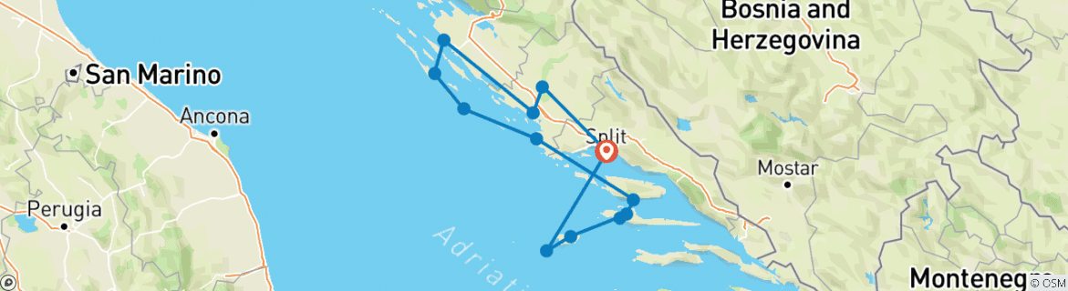 Image of a map showing the route of the tour