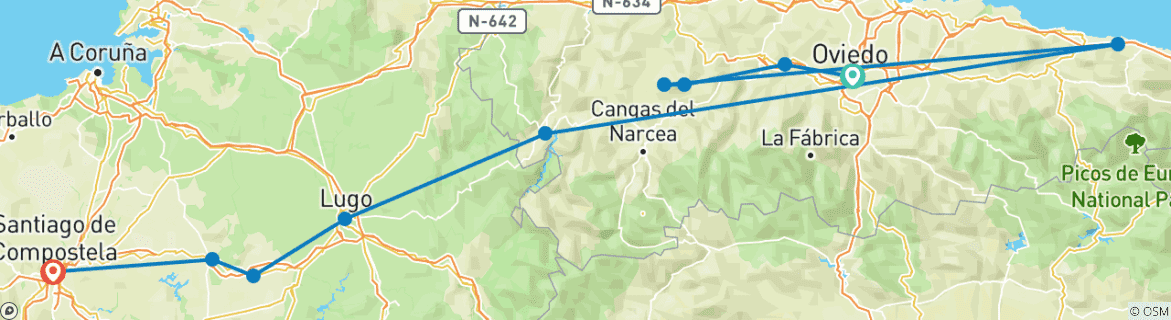 Image of a map showing the route of the tour