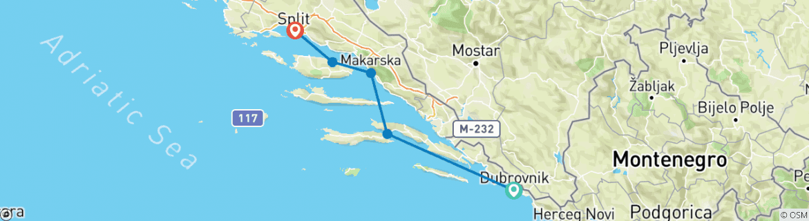 Image of a map showing the route of the tour