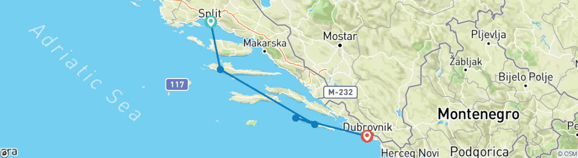 Image of a map showing the route of the tour