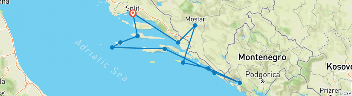 Image of a map showing the route of the tour