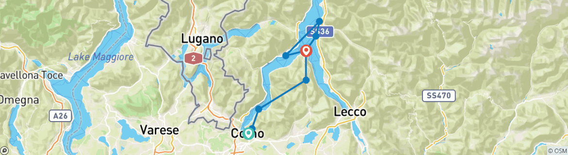 Image of a map showing the route of the tour