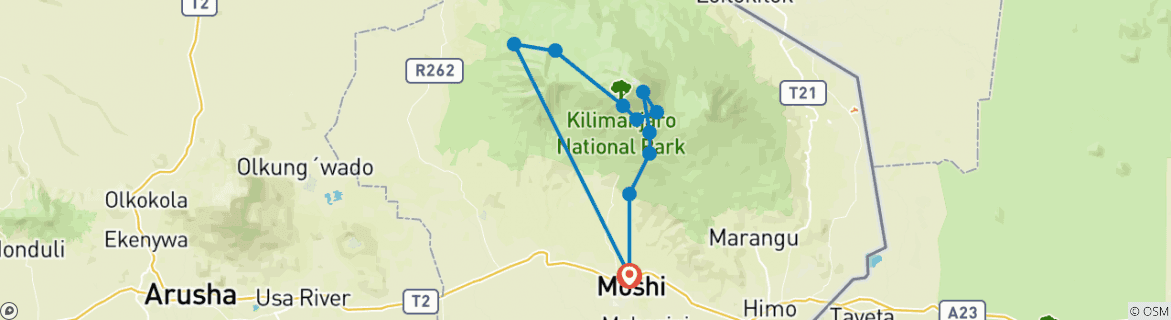 Image of a map showing the route of the tour