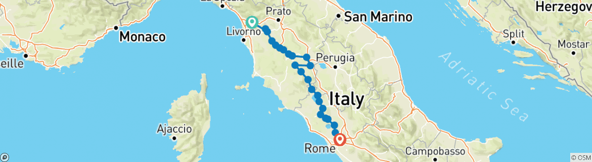 Image of a map showing the route of the tour