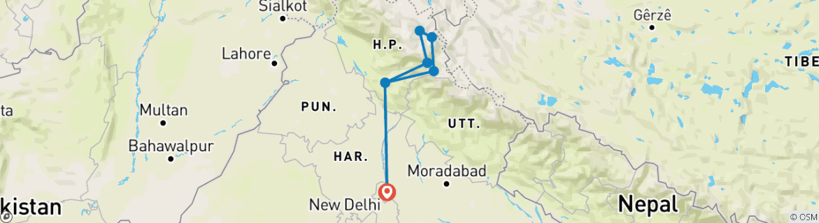 Image of a map showing the route of the tour