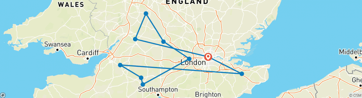 Image of a map showing the route of the tour