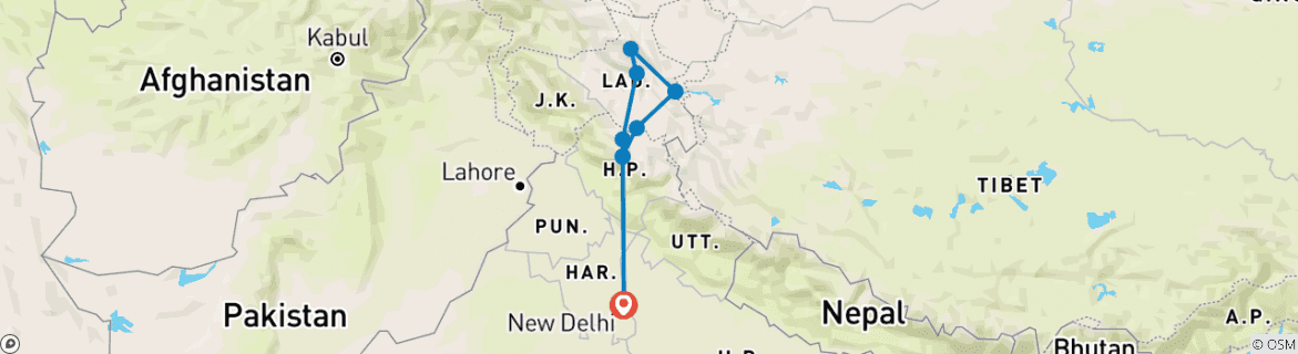 Image of a map showing the route of the tour