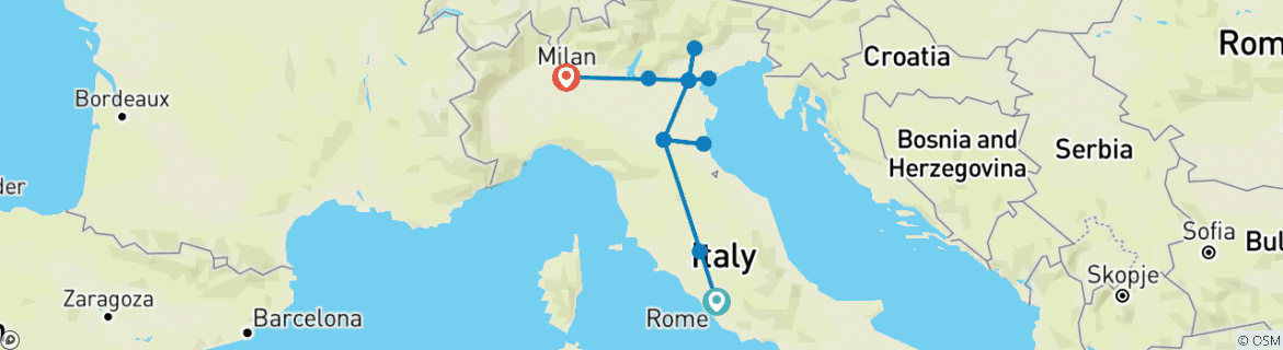Image of a map showing the route of the tour