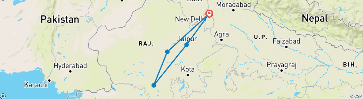 Image of a map showing the route of the tour