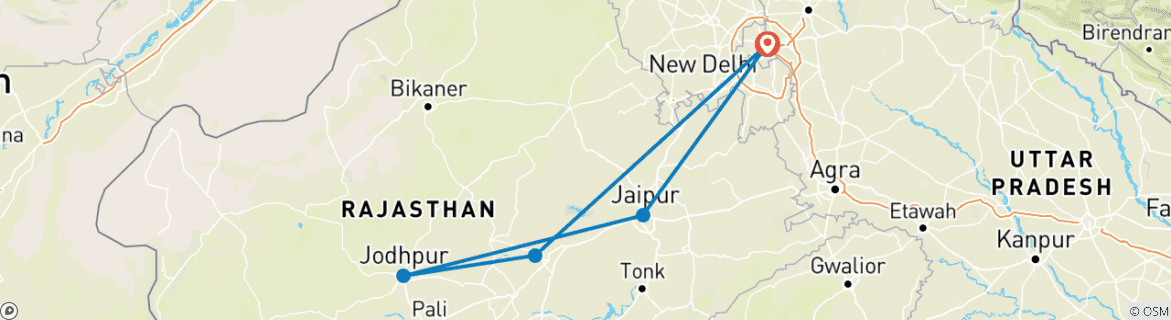 Image of a map showing the route of the tour