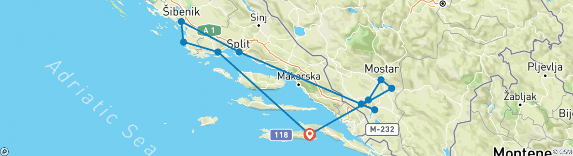 Image of a map showing the route of the tour