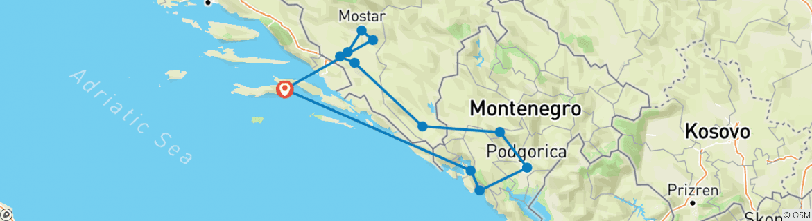Image of a map showing the route of the tour