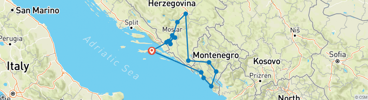 Image of a map showing the route of the tour
