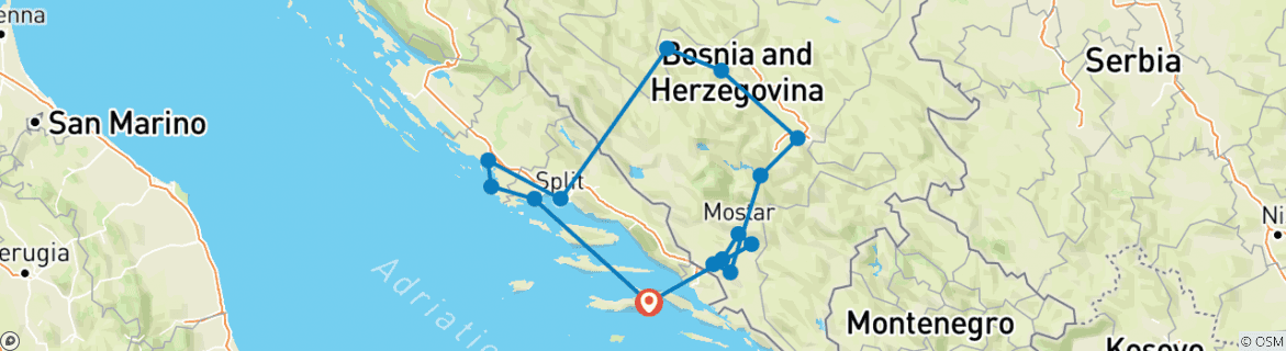 Image of a map showing the route of the tour