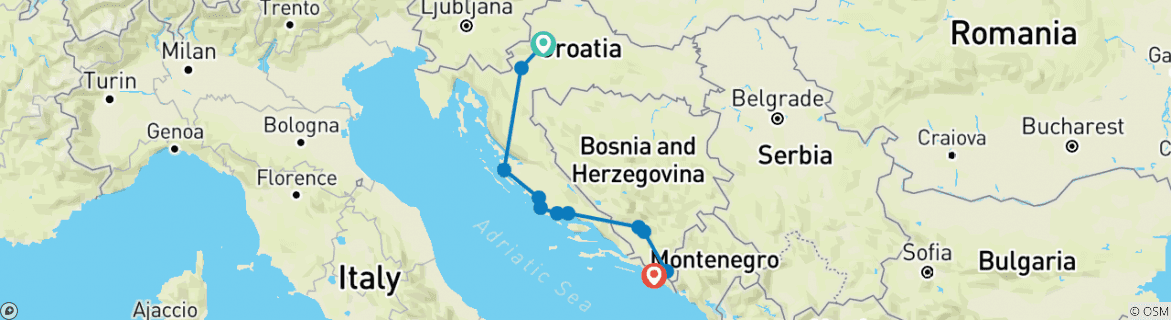 Image of a map showing the route of the tour
