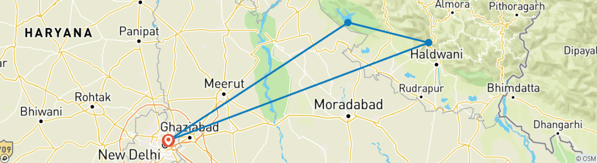 Image of a map showing the route of the tour