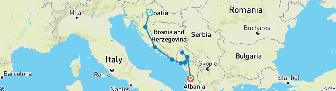 Image of a map showing the route of the tour