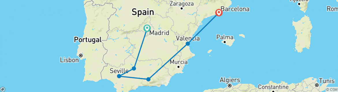 Image of a map showing the route of the tour