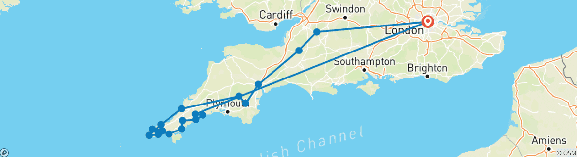 Image of a map showing the route of the tour