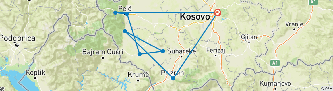 Image of a map showing the route of the tour