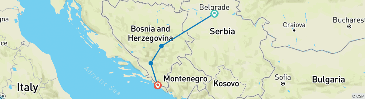 Image of a map showing the route of the tour