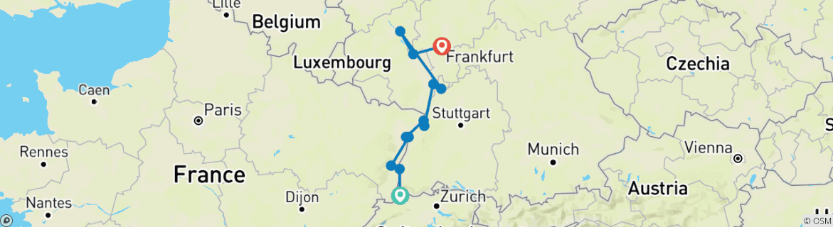 Image of a map showing the route of the tour