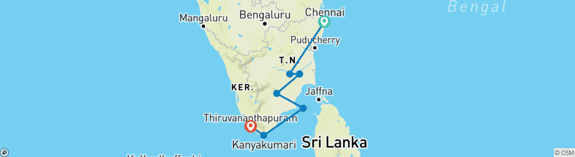 Carte du circuit Visite des temples du Tamilnadu - un circuit économique
