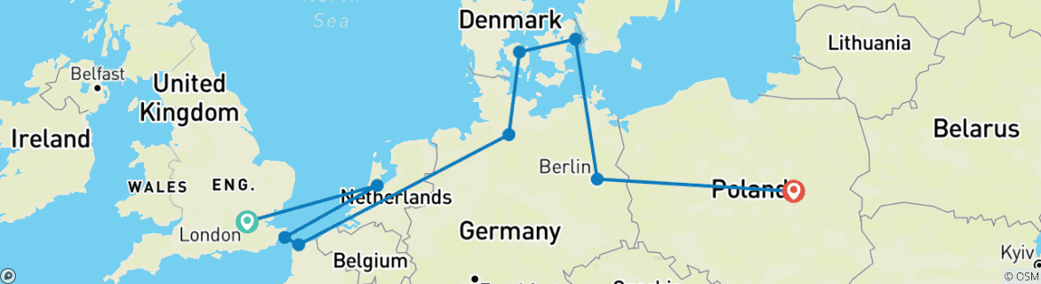 Image of a map showing the route of the tour