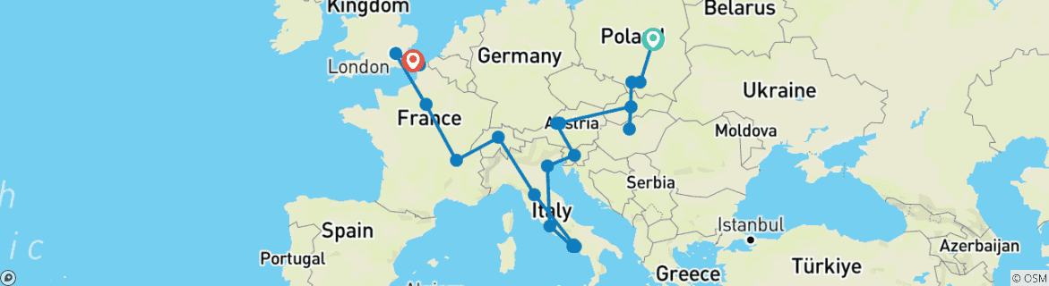 Image of a map showing the route of the tour
